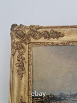 Huile sur toile XIX paysage marin tableau ancien cadre doré antique frame