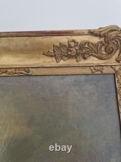 Huile sur toile XIX paysage marin tableau ancien cadre doré antique frame