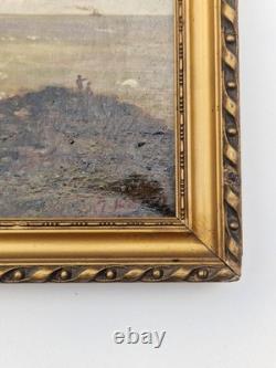 Huile sur toile XIXème Tableau ancien 8F paysage marin signé encadré marine