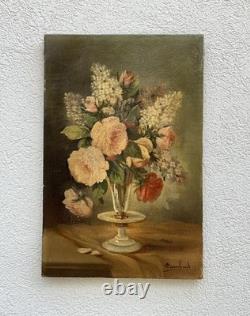 Huile sur toile ancienne 27x41 signée Lambert bouquet fleurs vers 1920-1940