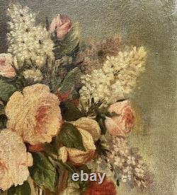 Huile sur toile ancienne 27x41 signée Lambert bouquet fleurs vers 1920-1940