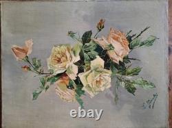 Huile sur toile ancienne Rose Signe grimaldi