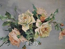 Huile sur toile ancienne Rose Signe grimaldi