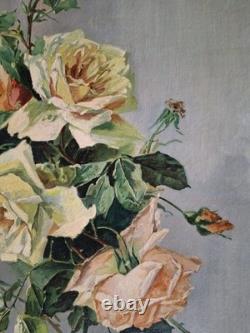 Huile sur toile ancienne Rose Signe grimaldi