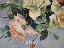 Huile sur toile ancienne Rose Signe grimaldi