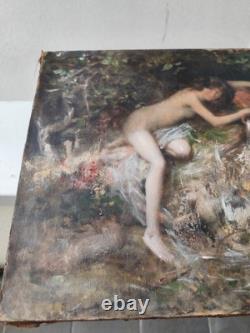 Huile sur toile ancienne femme nymphe a la fontaine cruche goût Gustave Courbet