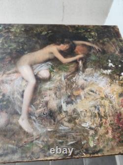 Huile sur toile ancienne femme nymphe a la fontaine cruche goût Gustave Courbet