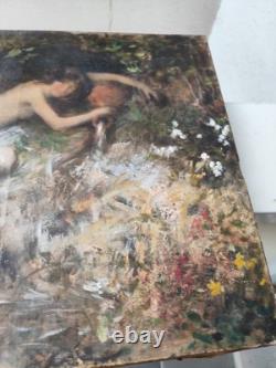 Huile sur toile ancienne femme nymphe a la fontaine cruche goût Gustave Courbet