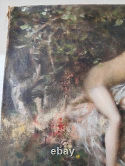 Huile sur toile ancienne femme nymphe a la fontaine cruche goût Gustave Courbet