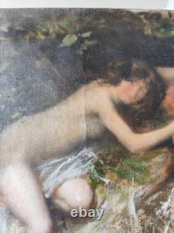Huile sur toile ancienne femme nymphe a la fontaine cruche goût Gustave Courbet