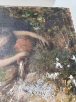 Huile sur toile ancienne femme nymphe a la fontaine cruche goût Gustave Courbet