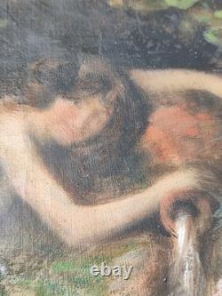 Huile sur toile ancienne femme nymphe a la fontaine cruche goût Gustave Courbet