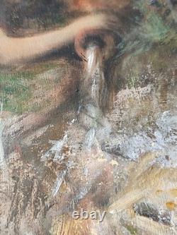 Huile sur toile ancienne femme nymphe a la fontaine cruche goût Gustave Courbet