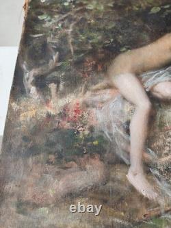 Huile sur toile ancienne femme nymphe a la fontaine cruche goût Gustave Courbet