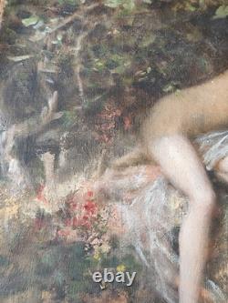 Huile sur toile ancienne femme nymphe a la fontaine cruche goût Gustave Courbet