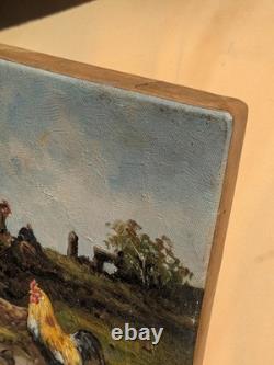 Huile sur toile ancienne scène de basse-cour poules et coq peinture campagne