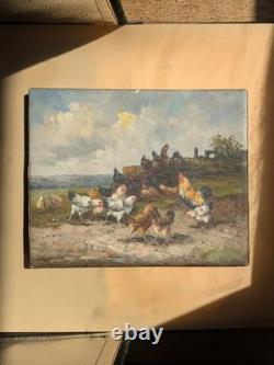 Huile sur toile ancienne scène de basse-cour poules et coq peinture campagne