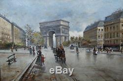 Huile sur toile ancienne vue de la place de létoile arc de triomphe Paris 1900