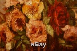 Huile sur toile huile ancienne nature morte roses, fleurs en corbeille