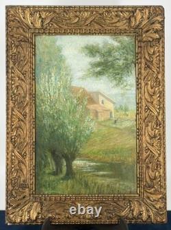 Huile sur toile marouflée signée E L'Huillier paysage Suisse Lancy cadre ancien