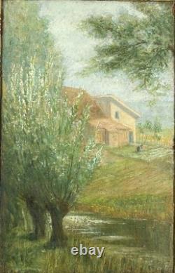Huile sur toile marouflée signée E L'Huillier paysage Suisse Lancy cadre ancien