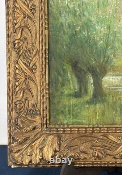 Huile sur toile marouflée signée E L'Huillier paysage Suisse Lancy cadre ancien