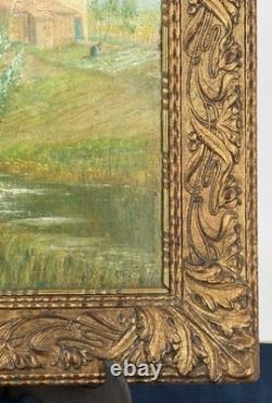 Huile sur toile marouflée signée E L'Huillier paysage Suisse Lancy cadre ancien