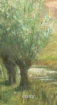 Huile sur toile marouflée signée E L'Huillier paysage Suisse Lancy cadre ancien
