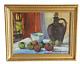 Huile Sur Toile Nature Morte Aux Pommes Bouteille Signé Encadré Tableau Ancien