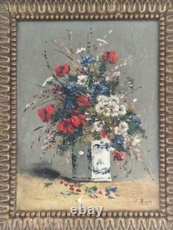 Huile sur toile nature morte bouquet de fleurs Tableau ancien XIX Signé HST