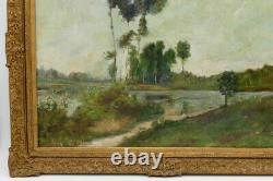 Huile sur toile, paysage de bord de rivière, Fin XIXè siècle. Peinture ancienne