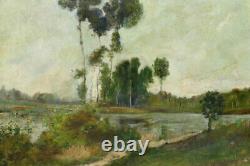 Huile sur toile, paysage de bord de rivière, Fin XIXè siècle. Peinture ancienne