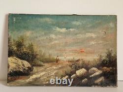 Huile sur toile paysage marin peinture tableau ancien signé scêne de campagne