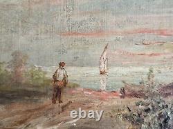 Huile sur toile paysage marin peinture tableau ancien signé scêne de campagne