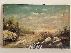 Huile sur toile paysage marin peinture tableau ancien signé scêne de campagne
