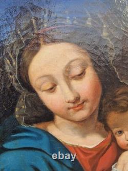 Huile sur toile vierge à l'enfant ancienne