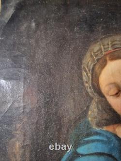 Huile sur toile vierge à l'enfant ancienne
