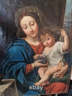 Huile sur toile vierge à l'enfant ancienne