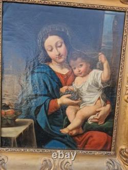 Huile sur toile vierge à l'enfant ancienne