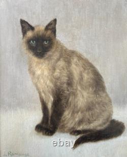 J. Ramaugé, Portrait De Chat Siamois, Huile Sur Carton, tabeau ancien