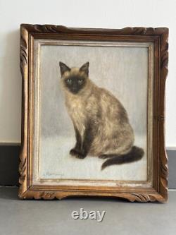 J. Ramaugé, Portrait De Chat Siamois, Huile Sur Carton, tabeau ancien