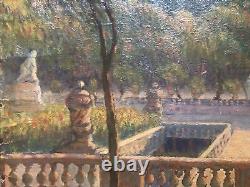 Jardin à la Française Huile sur toile ancienne. À Restaurer, signée