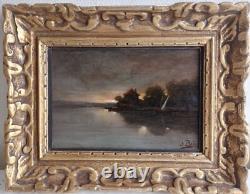 Jean Bain, Coucher de soleil, tableau ancien huile sur toile signé