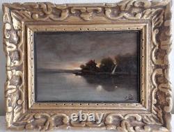 Jean Bain, Coucher de soleil, tableau ancien huile sur toile signé
