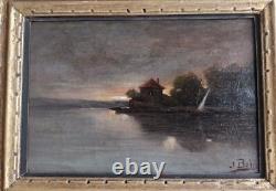 Jean Bain, Coucher de soleil, tableau ancien huile sur toile signé