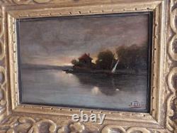 Jean Bain, Coucher de soleil, tableau ancien huile sur toile signé