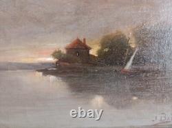 Jean Bain, Coucher de soleil, tableau ancien huile sur toile signé