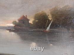 Jean Bain, Coucher de soleil, tableau ancien huile sur toile signé