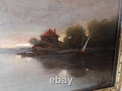 Jean Bain, Coucher de soleil, tableau ancien huile sur toile signé