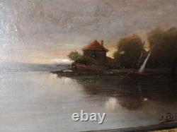 Jean Bain, Coucher de soleil, tableau ancien huile sur toile signé
